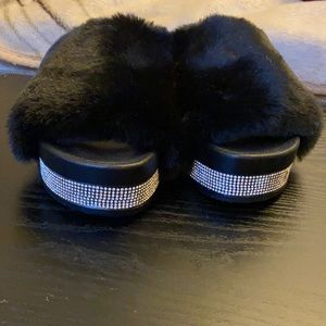 Fur slides w/ rhinestones
